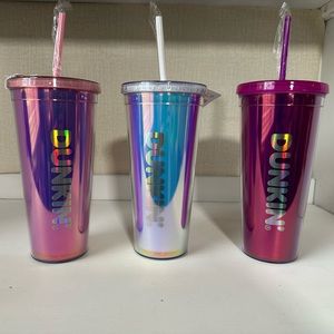 Dunkin Donuts Valentines Day Tumblers 2024 Set Of 3 Heart-Shaped Lid And Straw